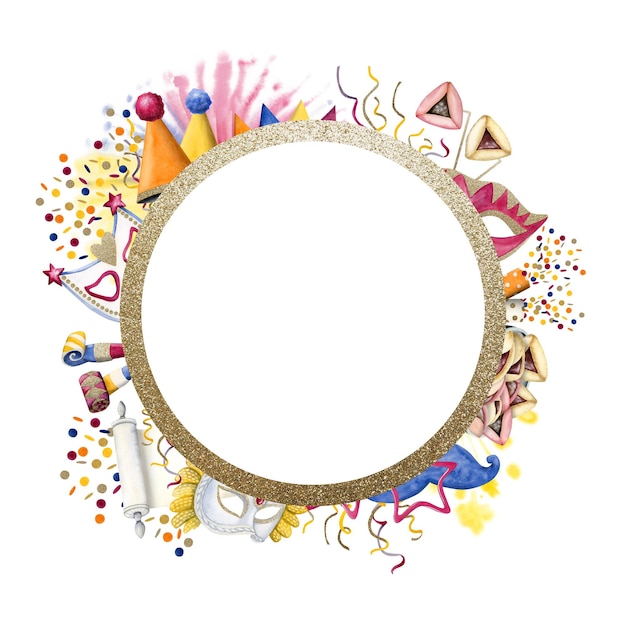 Greeting template with purim symbols confetti masks round gold\
frame for social media blog posts