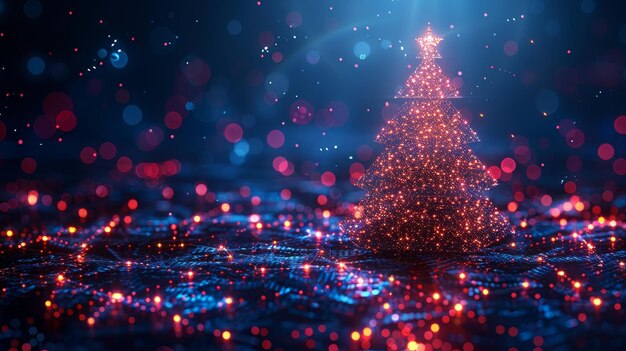 Foto cartella di auguri nello stile di una rete informatica albero di natale computerizzato con decorazioni grafici isometrici della tecnologia fintech appesi nel cyberspace