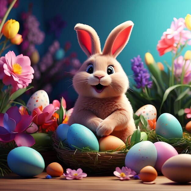 Greetings and congratulations for Easter Easters vibrant backdrop Flowers rabbits and Easter egg