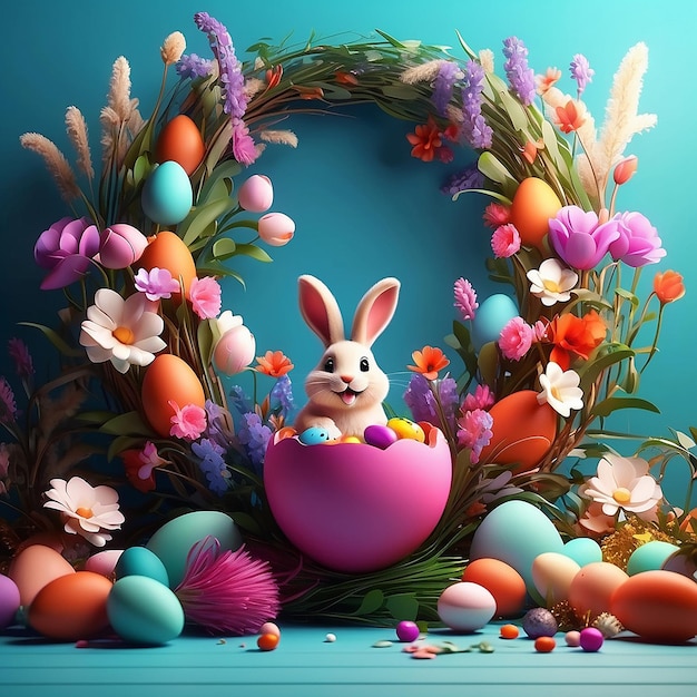 Greetings and congratulations for Easter Easters vibrant backdrop Flowers rabbits and Easter egg