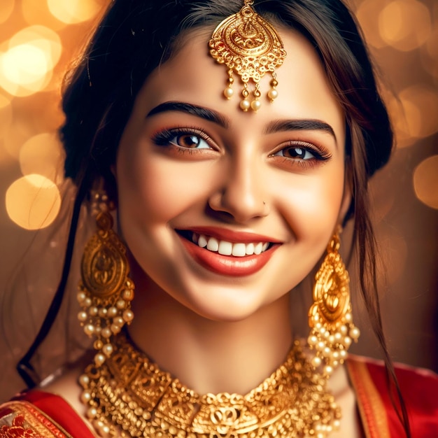 흐릿한 배경 속에 빨간색 인도 사리와 보석을 착용한 아름다운 눈을 가진 사교적인 소녀