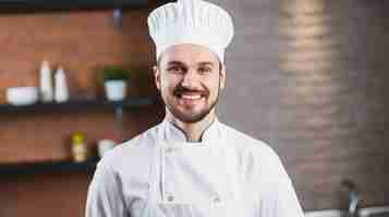 Photo a gregarious male chef in a toque hat exhibits delight while engaging in the culinary art