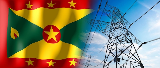 Grenada country flag and electricity pylons 3D illustration