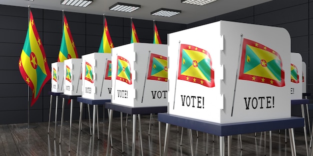 Избирательный участок Гренады со множеством кабин для голосования, концепция выборов, 3D иллюстрация