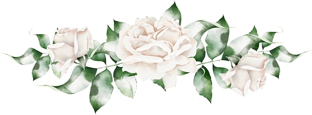 Grens witte rozen groene bladeren bruiloft aquarel illustratie