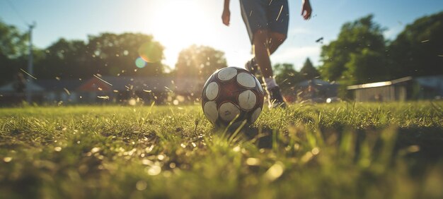 Foto grenzeloze passie een wandelaar die een voetbal trapt op een grasveld