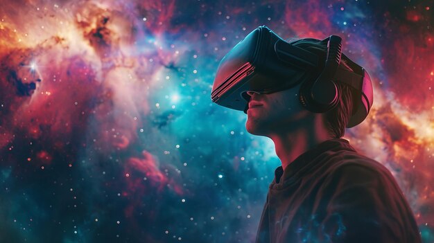 Grenzen worden gewist door een man met een VR-headset die een surrealistische wereld betreedt en begint met het verkennen van Generatieve AI