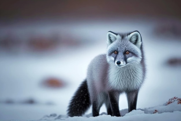 Grey arctic fox with paws in winter cold arctic animals