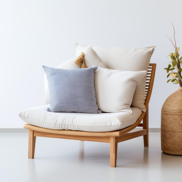 Grey armchair and bench with soft cushions near white wall