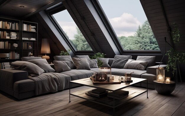 Grey attic living room interior with sofa