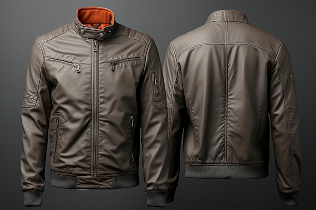 Grey background front and back view of blank leather jacket