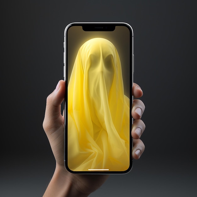 grey background and yellow ghost on phone