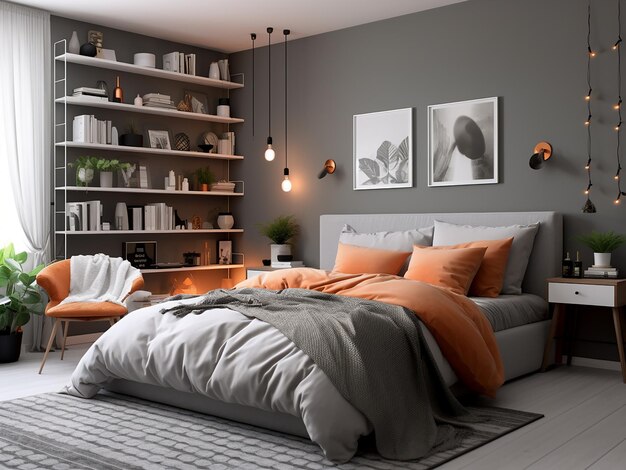 Grey bedroom interior with a minimalist design AI Generated