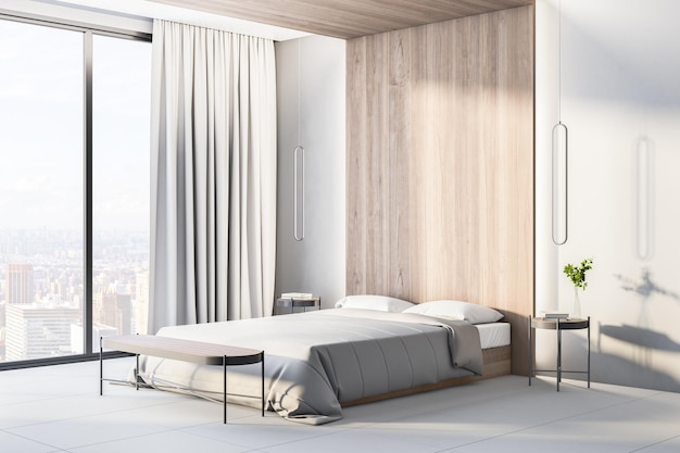 Серые и бежевые тени дизайн интерьера современной солнечной спальни с кроватью, деревянной нишей и тумбочками и светло-серым полом 3D рендеринг
