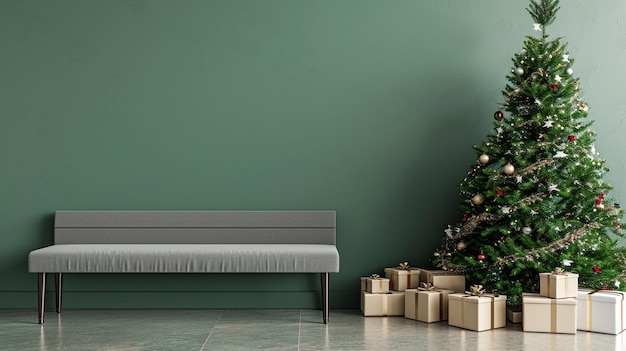 Grey bench and gift boxes under Christmas tree near green wall Generative Ai