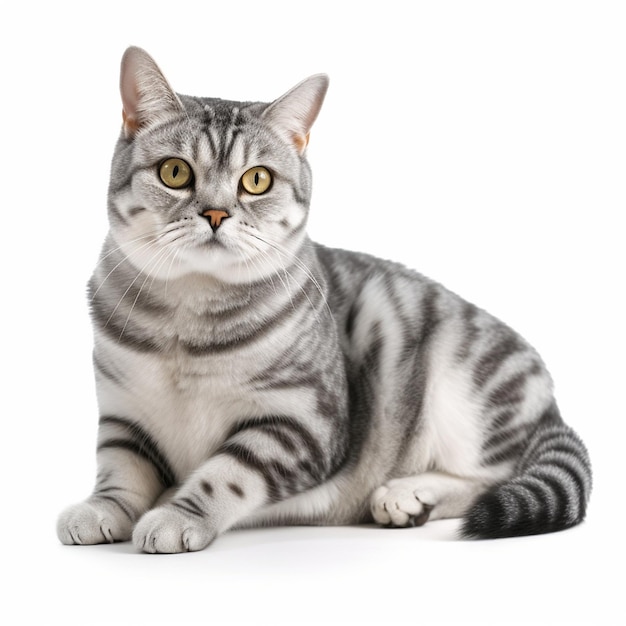 A grey and black cat with grey stripes and yellow eyes sits on a white background.