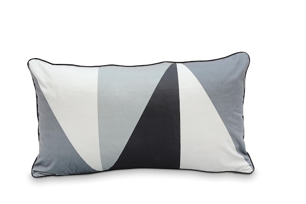 A grey and black cushion with a black triangle pattern.