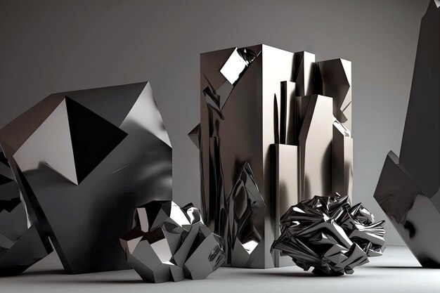 Grey black d art abstract installation with shiny and dark different shapes