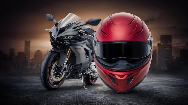 A grey black motorcycle and a red helmet