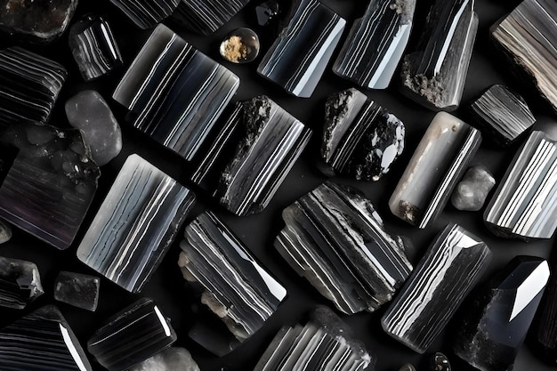 Grey black tourmaline flat lay background