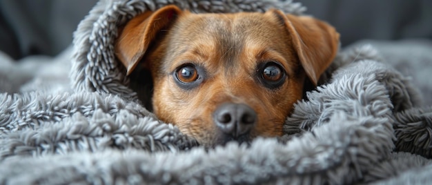 The grey blanket hides a cute dog