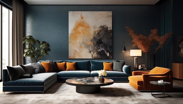 A grey blue living room with large artwork