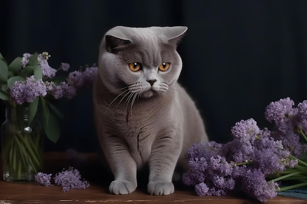 Grey British cat and flowers Neural network AI generated
