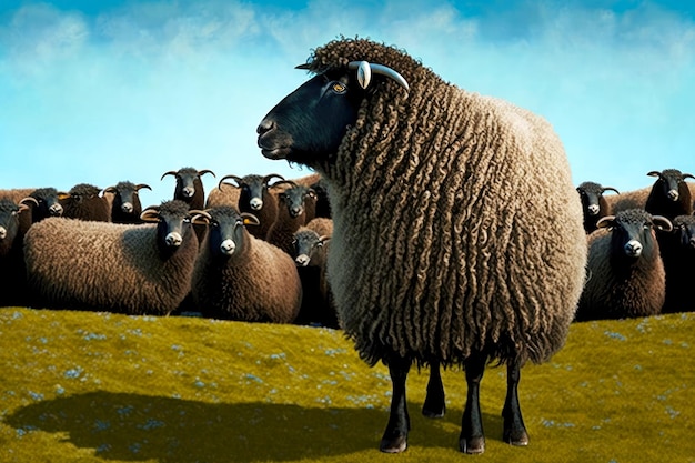 ジェネラルで作成された群れの青い空黒い羊を背景に丘の上で放牧されている灰色の茶色の羊