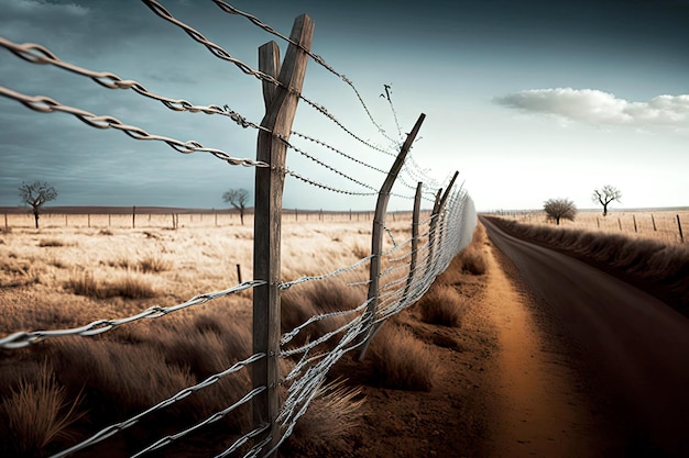 Grey brown tangled barbed wire fence installed along road generative ai