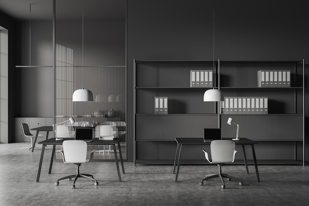 Grey business interior with table and laptop shelf and conference room