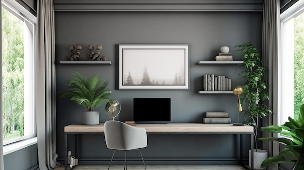 Grey business room interior with desk and laptop shelf Generative AI
