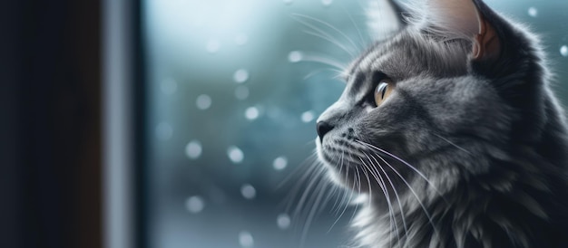 Grey cat gazing out of window with soft focus