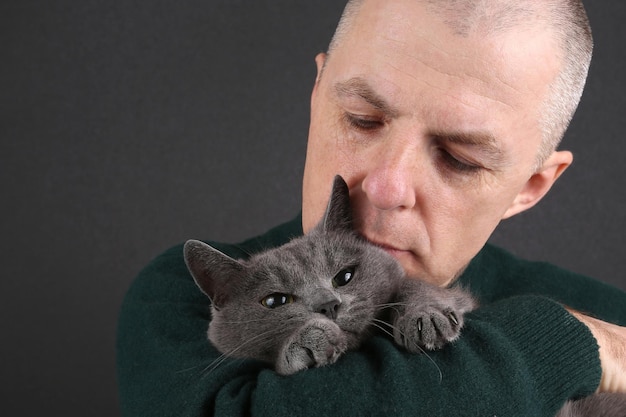 男性の手の上の灰色の猫