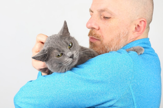 Серый кот держит лапу человека
