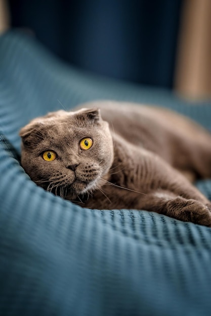 The grey cat Scottish fold is lying on a blanket on the bed at home