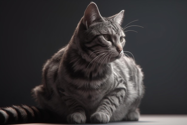 A grey cat sits on a table with a black background.