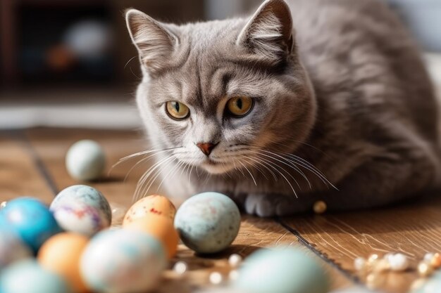 Grey cat sitting beside a pile of colorful Easter eggs created with Generative AI technology