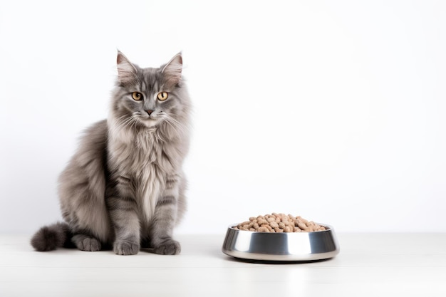 grey cat sitting with a heap bowl of cat food on white background