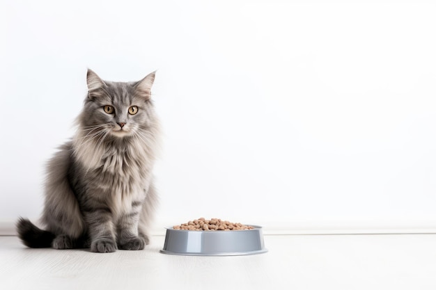 grey cat sitting with a heap bowl of cat food on white background