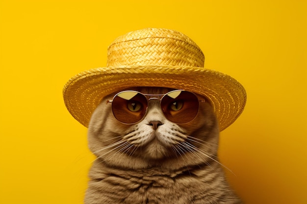 Grey cat in sunglasses and in straw hat generated by AI