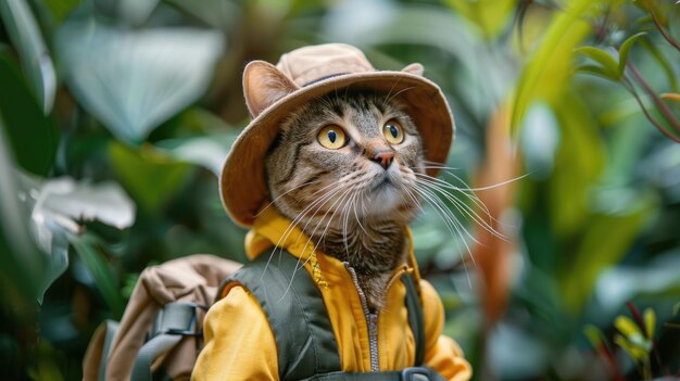 A grey cat with a backpack and a hat in the tropics