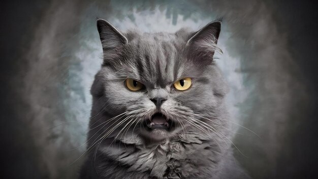 Grey chartreux cat with yellow eyes and angry look