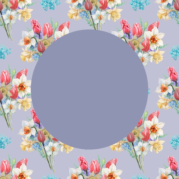 Grey circle on tulips and daffodils flowers bouquet pattern