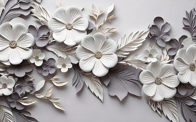 grey color 3d wall leaf flower leaf background wallpaper