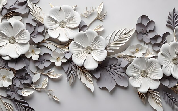 Photo grey color 3d wall leaf flower leaf background wallpaper