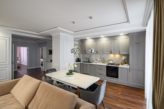 Grey contemporary classic kitchen interior designed in modern style