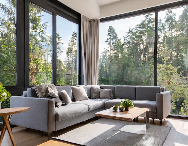 写真 森の景色のパノラマ窓に照らされた灰色のコーナーソファ スカンジナビアのホームインテリアデザイン