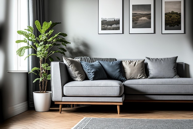 Grey couch in a contemporary living room