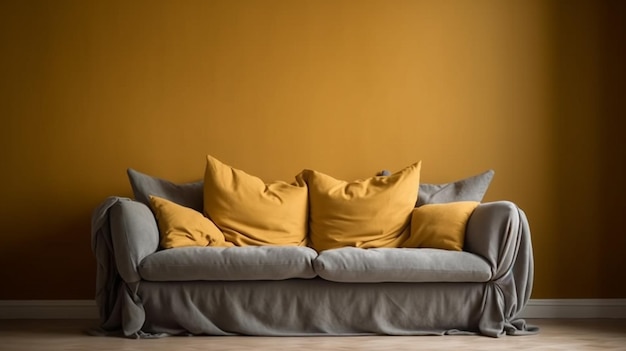 A grey couch with a yellow pillow on it and a grey couch with a grey cover.