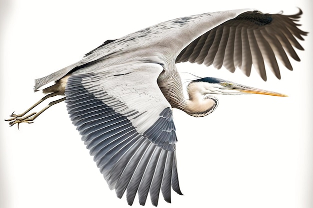 Photo grey crane bird spread its wings wide and flies isolated on white